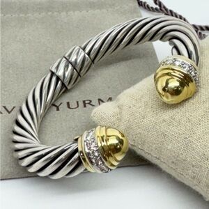 David Yurman 10mm Gold Dome Diamond Hinged Cable Cuff Bracelet .925/18K Gold
